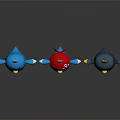 Cute Cartoon Bird Figurines With Blue Red Hat And Black Designs On Shiny Surface