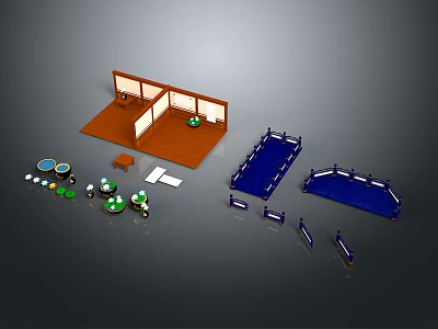 Japanese Style Room Scene Components With Wooden Floor Partition Green Tables Blue Platform And Railings 3d model