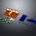 Japanese Style Room Scene Components With Wooden Floor Partition Green Tables Blue Platform And Railings