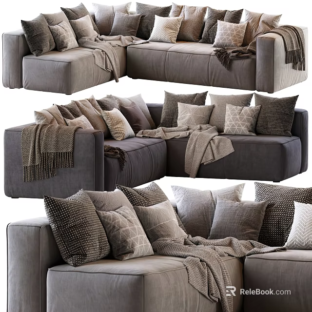 Cozy Modern Grey Fabric Sectional Sofa With Multiple Pillows And Throws 3d model 