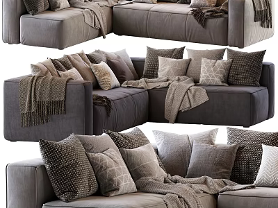 Cozy Modern Grey Fabric Sectional Sofa With Multiple Pillows And Throws 3d model
