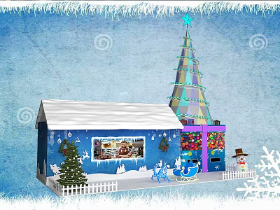 Small Blue House With Snow Covered Roof And Decorative Christmas Tree Sleigh Snowman 3d model