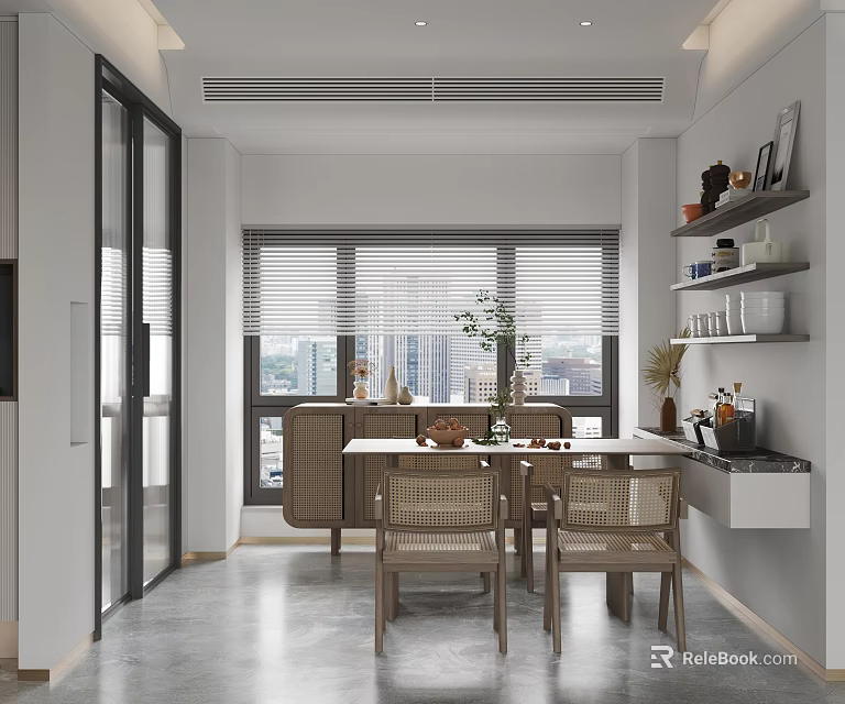 Modern Restaurant Interior With Rattan Dining Chairs Wooden Table Window Blinds And City View Shelves 3d model 