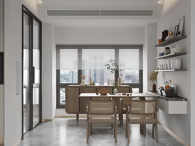 Modern Restaurant Interior With Rattan Dining Chairs Wooden Table Window Blinds And City View Shelves 3d model