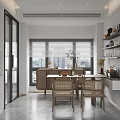 Modern Restaurant Interior With Rattan Dining Chairs Wooden Table Window Blinds And City View Shelves