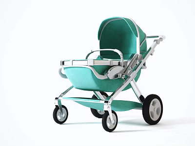 Turquoise Baby Stroller With Modern Silver Frame And Black Silver Wheels 3d model