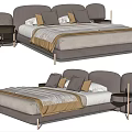 Modern Upholstered Double Bed With Gray Beige Bedding Pillows And Side Tables 3d model