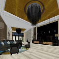 Hotel Lobby Interior Design With Golden Ceiling Chandelier Wooden Floor And Wall Decorations