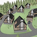 Modern Detached Villas In Mountain Area With Green Lawn And Driveway