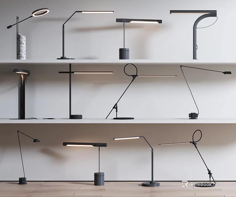Modern Table Lamps On Shelves With Various Designs And Metal Structures 3d model 