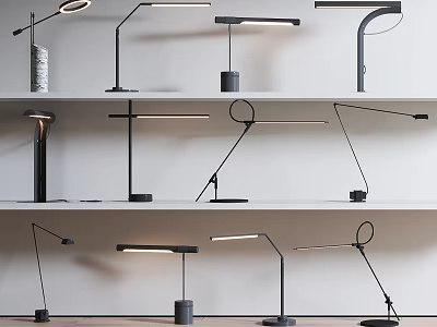 Modern Table Lamps On Shelves With Various Designs And Metal Structures 3d model