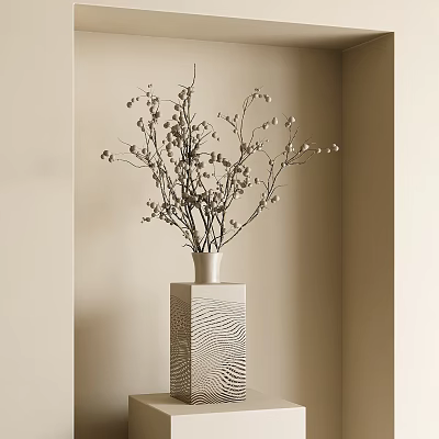 Minimalist Vase With Dried Branches And Buds On Textured Pedestal In Neutral Indoor Corner 3d model