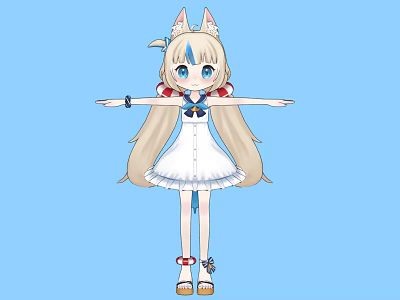 Cartoon Woman With Cat Ears Long Blonde Hair Blue Eyes Wearing White Dress Red Bow 3d model