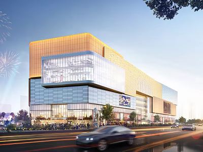 Modern Commercial Complex With Golden Glass Facade Evening Fireworks And Vibrant Pedestrians Vehicles 3d model