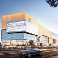 Modern Commercial Complex With Golden Glass Facade Evening Fireworks And Vibrant Pedestrians Vehicles