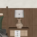 Wooden Bedside Table With Ceramic Base Table Lamp And Woven Grille Design 3d model