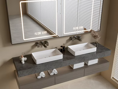 Modern Bathroom Vanity Cabinet With Double Sink LED Backlit Mirror Gray Storage Stone Countertop 3d model
