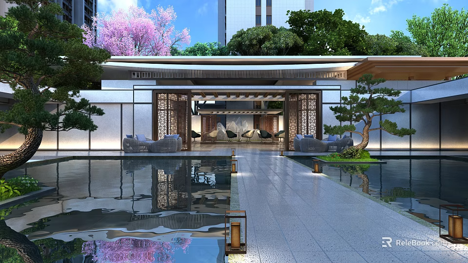 Modern Courtyard Landscape With Reflecting Pool Pink Cherry Blossoms And Lush Green Plants 3d model 