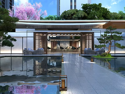 Modern Courtyard Landscape With Reflecting Pool Pink Cherry Blossoms And Lush Green Plants 3d model