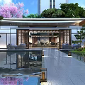 Modern Courtyard Landscape With Reflecting Pool Pink Cherry Blossoms And Lush Green Plants