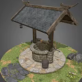 Traditional Garden Well with Wooden Roof Stone Platform Hanging Lantern and Grass Stone Path