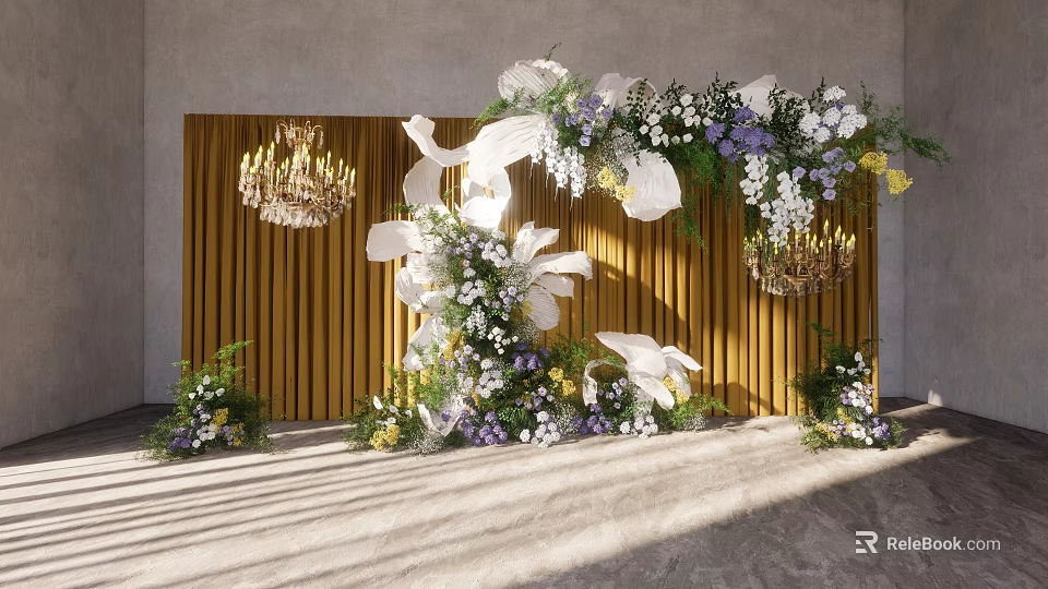 Sunlit Event Backdrop With Golden Wooden Panels White Purple Flowers Chandeliers And Floral Arrangements 3d model 