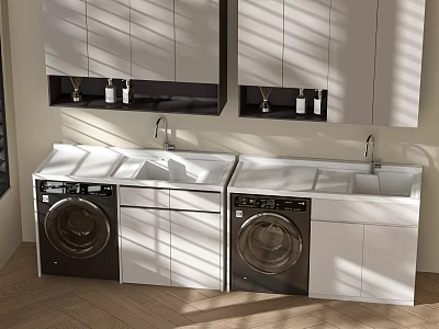 Modern Double Vanity Sink With Washing Machines White Cabinetry And Mirrors 3d model