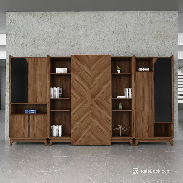 Modern Wooden File Cabinet With Multiple Storage Shelves Display Areas And Wooden Finish 3d model 