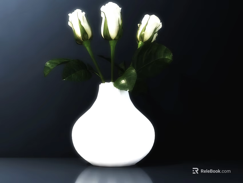 White Vase with Three White Rose Buds and Green Leaves on Dark Background 3d model 