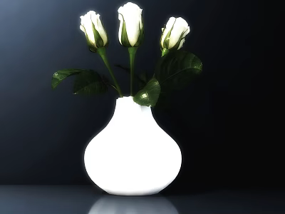 White Vase with Three White Rose Buds and Green Leaves on Dark Background 3d model