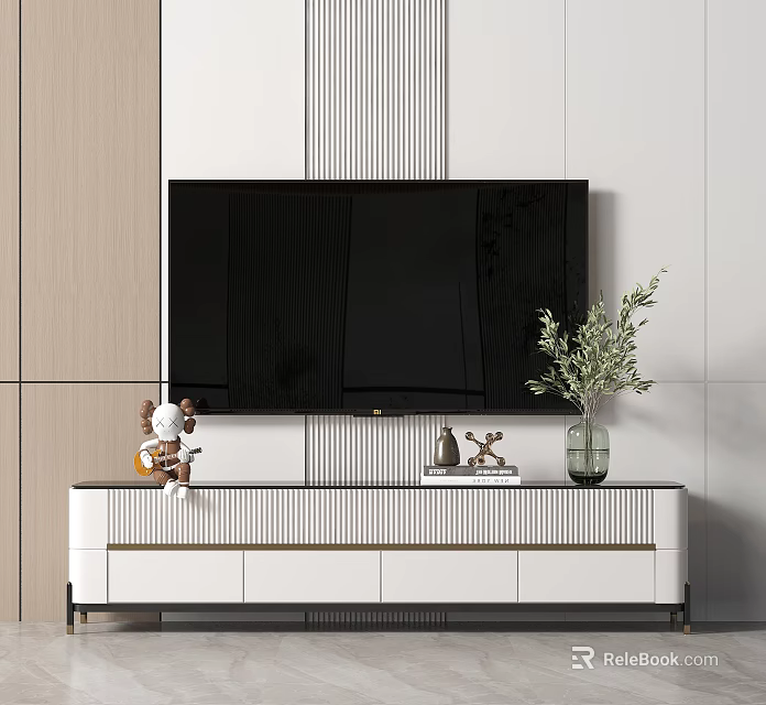 White TV Cabinet With TV Green Plant Decorations And Vertical Striped Wall 3d model 