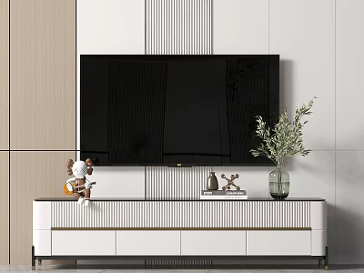 White TV Cabinet With TV Green Plant Decorations And Vertical Striped Wall 3d model