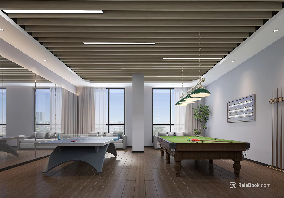 Elegant Modern Billiard Room Interior With Pool Table Sofa And Large Windows 3d model 