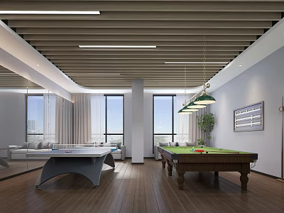 Elegant Modern Billiard Room Interior With Pool Table Sofa And Large Windows 3d model