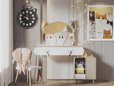 Cute Cat Themed Desk With Cat Shaped Mirror Wall Clock Cat Artwork And String Lights 3d model