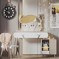 Cute Cat Themed Desk With Cat Shaped Mirror Wall Clock Cat Artwork And String Lights 3d model