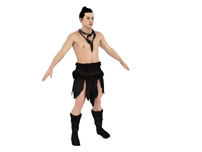 Shirtless Man In Black Tasseled Skirt And Black Boots Standing On White Background 3d model