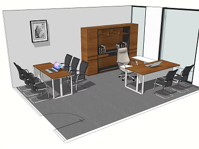 Modern Office Interior With Desks Black Chairs Wooden Bookcase And Gray Carpet 3d model