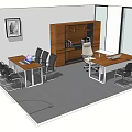 Modern Office Interior With Desks Black Chairs Wooden Bookcase And Gray Carpet