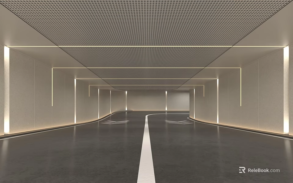 Modern Garage Spacious Interior With Grid Ceiling LED Strip Lighting And Gray Floor White Lines 3d model 