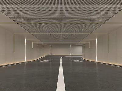 Modern Garage Spacious Interior With Grid Ceiling LED Strip Lighting And Gray Floor White Lines 3d model