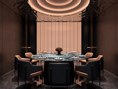 Elegant Private Dining Room Interior With Round Dining Table Tableware Flower Arrangement And Ceiling Lights 3d model