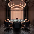 Elegant Private Dining Room Interior With Round Dining Table Tableware Flower Arrangement And Ceiling Lights 3d model