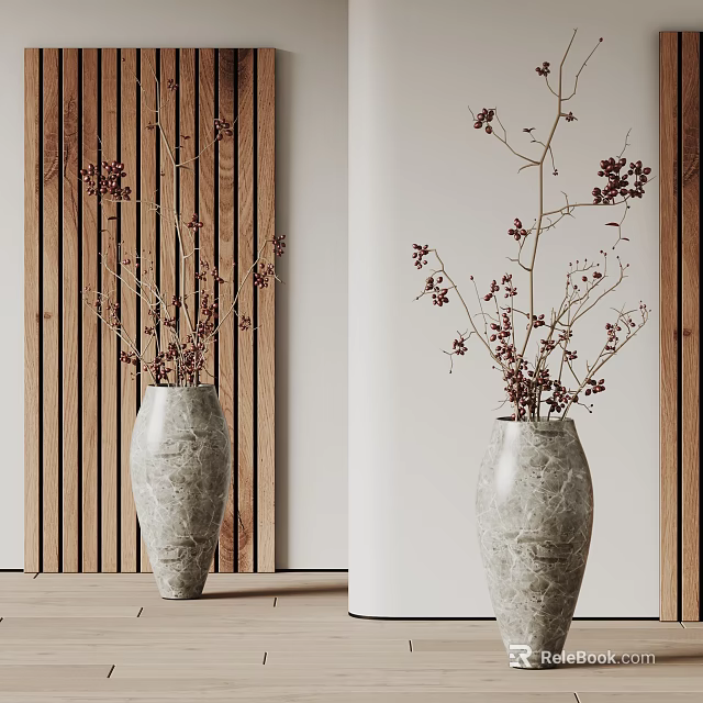 Marble Vase with Dried Branches and Red Berries in Modern Interior with Wooden Panel Wall 3d model 