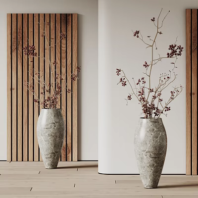 Marble Vase with Dried Branches and Red Berries in Modern Interior with Wooden Panel Wall 3d model