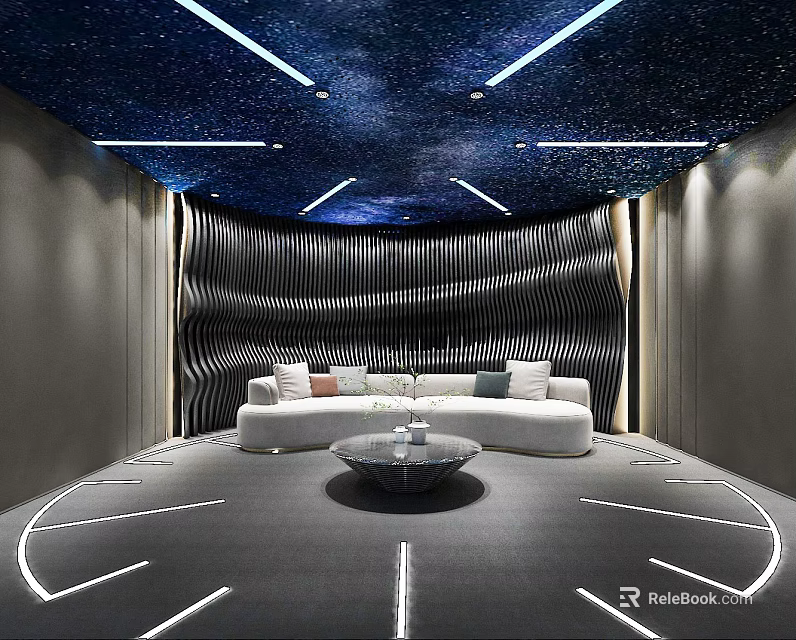 Cinema Lounge With Starry Ceiling Wavy Wall White Sofa Round Coffee Table Illuminated Floor Lines 3d model 