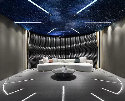 Cinema Lounge With Starry Ceiling Wavy Wall White Sofa Round Coffee Table Illuminated Floor Lines 3d model