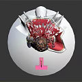 3D Anime Character Model With Red Hair Pink Dress And Flag Standing On White Base