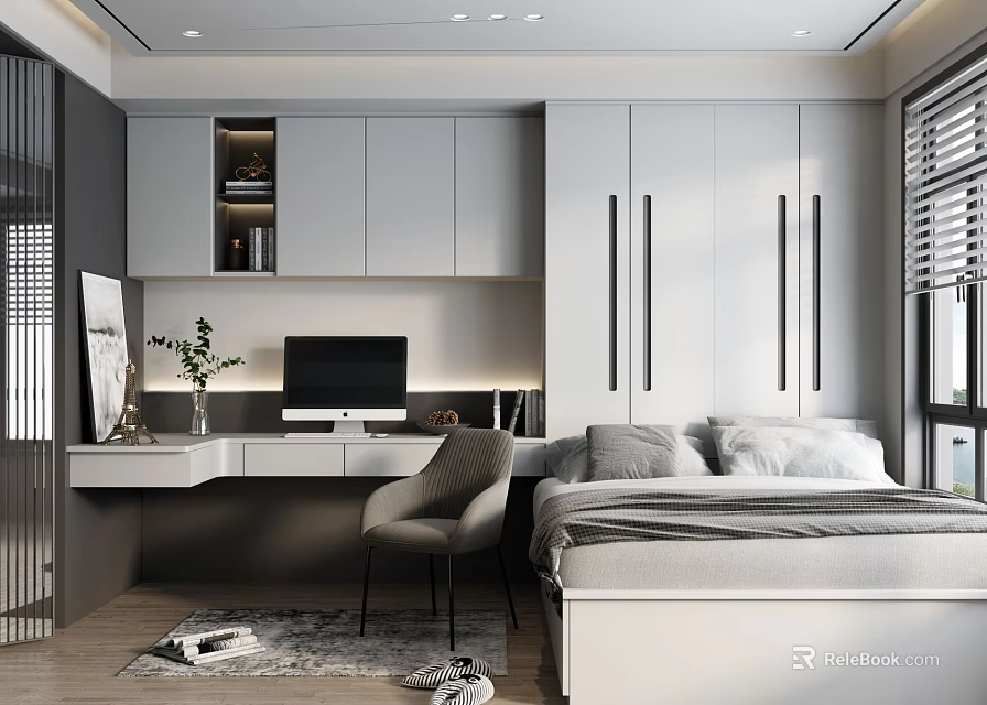 Modern Tatami Bedroom Interior Design With Tatami Bed Desk And Storage Cabinets 3d model 