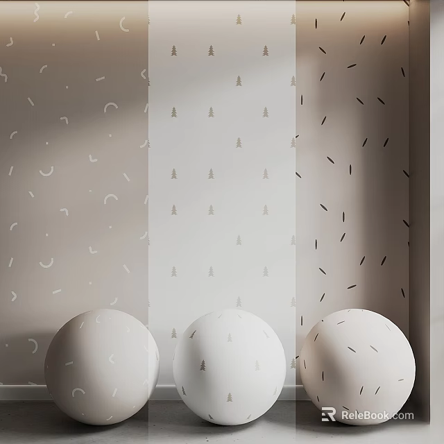 Interior With White Spheres And Walls Having Moon Tree Line Patterns 3d model 